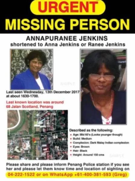Jenkins Annapuranee dilaporkan hilang sejak tiga tahun lalu.