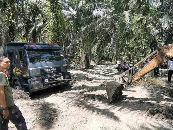 Jengkaut digunakan untuk menarik kenderaan pengangkut milik Jabatan Perhilitan yang tersangkut pada lumpur selepas gajah liar itu berjaya dinaikkan atas lori berkenaan.