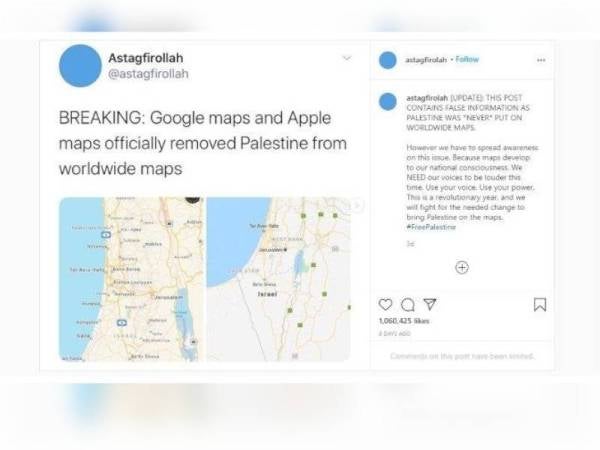 Akaun Instagram Astagfirollah yang menunjukkan ketiadaan nama Palestin pada peta Google dan Apple. - Foto Instagram
