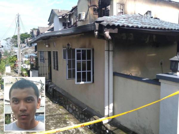 Ahmad Hamizan menyelamatkan diri melalui jeriji tingkap bilik bawah rumah yang terbakar di Taman Bukit Saga awal pagi tadi. Gambar kecil: Ahmad Hamizan
