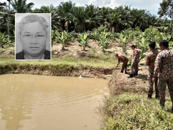 Warga emas maut akibat lemas selepas terjatuh ke dalam sebuah kolam tadahan untuk menyiram tanaman dalam kejadian di Felcra Lakai di sini, pagi tadi. Gambar kecil: Hew Ah Yoon