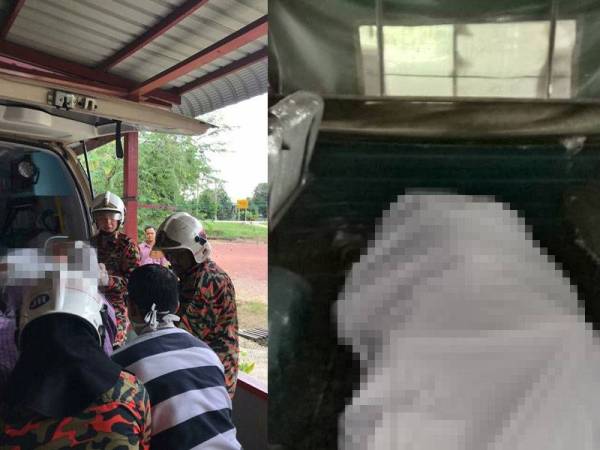 Anggota penyelamat mengeluarkan mayat yang sudah berbau busuk dari dalam sebuah kedai berdekatan sebuah spa di Stesen Bas Labis, Labis hari ini.