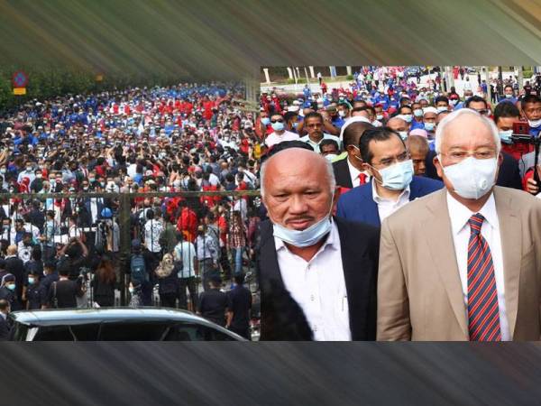 Penyokong Najib Razak berkumpul tanpa mematuhi SOP PKPP di luar pekarangan Mahkamah Kuala Lumpur. - Foto ihsan pembaca. Anggota PDRM berkawal Kompleks Mahkamah, Kuala Lumpur, Jalan Duta selepas ketibaan bekas Perdana Menteri, Datuk Seri Najib Tun Razak. Foto Sinar Harian/Rosli Talib