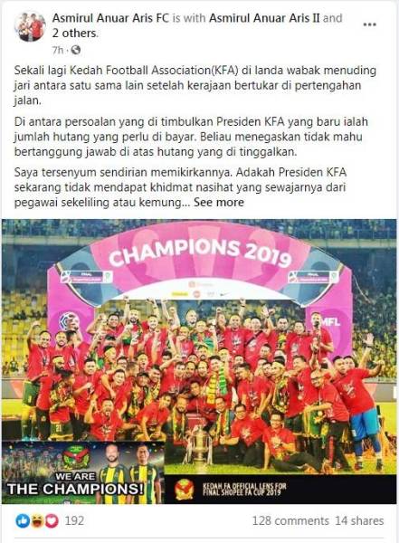 Tangkap layar FB Asmirul Anuar Aris FC