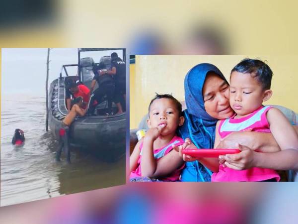 Pihak polis menarik suspek masuk ke dalam selepas mangsa enggan berbuat demikian. (Mek Dah bersyukur cucunya, Muhammad Ammar Uwais (kanan) ditemui dalam keadaan selamat berhampiran pintu air IADA Kemasin Semerak pada jam 1 petang semalam.)