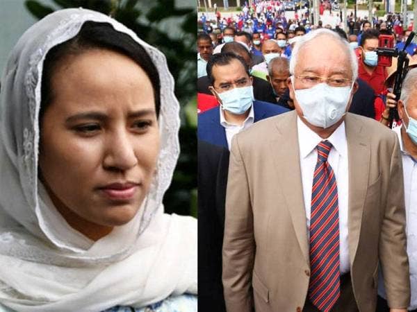 Najib tiba di pekarangan Kompleks Mahkamah Kuala Lumpur dengan diiringi pengawal keselamatan, pimpinan UMNO dan penyokong beliau semalam. Gambar kiri: Nooryana