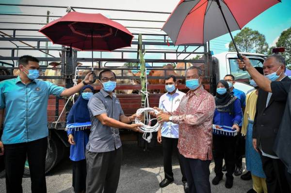 Muhyiddin menyerahkan tali lembu kepada Ayob sebagai gimik penyerahan lembu korban di Masjid Kampung Parit Zing, hari ini.- Foto Bernama