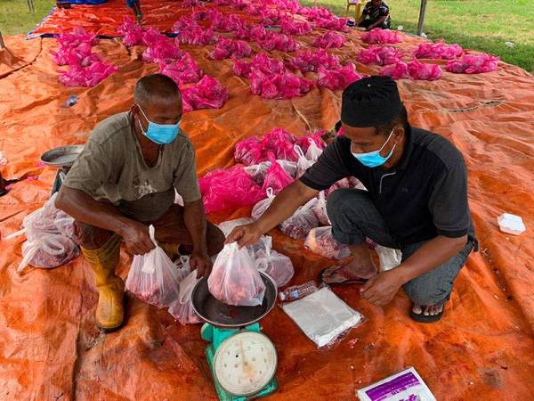 Penduduk bekerjasama menguruskan daging korban yang diagihkan Annuar hari ini.