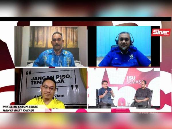Amir Khusyairi (kiri, bawah) bersama seorang lagi calon Bebas, S Santharasekaran (kiri, atas); calon BN, Mohd Zaidi Aziz (kanan, atas) serta Muhamad Nadzri dan Ahmad Fahmi Mohd Samsudin selaku moderator dalam Wacana Siri ke-187 bertajuk PRK Slim: Calon Bebas hanya buat kacau? yang disiarkan secara langsung dari Studio F, Kumpulan Karangkraf semalam.