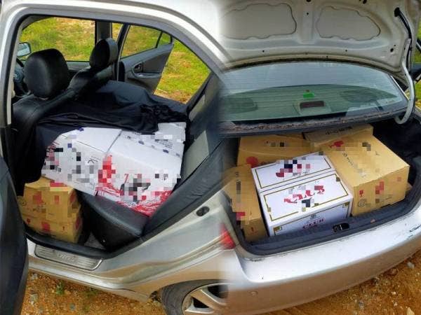20 kotak besar minuman keras tidak bercukai yang ditemui dalam sebuah kereta petang semalam.