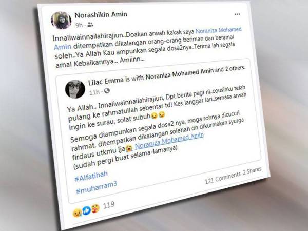 Status adik Allahyarham Noraniza di Facebook hari ini.