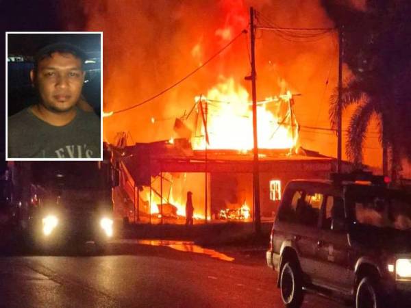 Kejadian pada jam 11.10 malam mengakibatkan sebuah kedai membaiki motosikal dan baik pulih pendingin hawa kereta di Kampung Chicha, Kubang Kerian terbakar. Gambar kecil: Mohd Afandi Omar