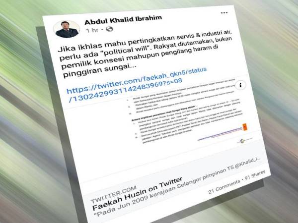 Abdul Khalid berkongsikan ciapan Faekah berhubung pewartaan sungai dan tebing di Selangor di laman Facebook, hari ini.