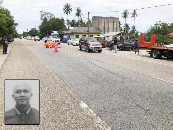 Lokasi kejadian yang meragut nyawa juruteknik Petronas selepas motosikal ditunggangi bertembung dengan sebuah pacuan empat roda, di Kampung Pulau Kerengga, Marang, pagi semalam. - Foto ehsan pembaca Gambar kecil: Muhammad Hariz - Foto ehsan pembaca