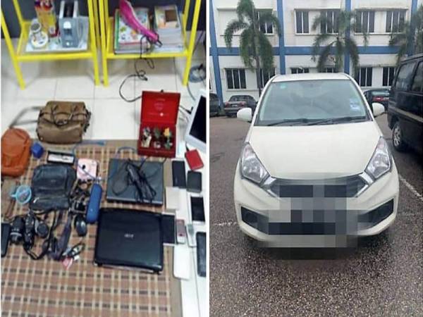 Antara barang yang dirampas termasuk sebuah kereta yang dipercayai digunakan dalam aktiviti pecah rumah oleh suspek di sekitar Bandar Putra, Kulai, Johor.