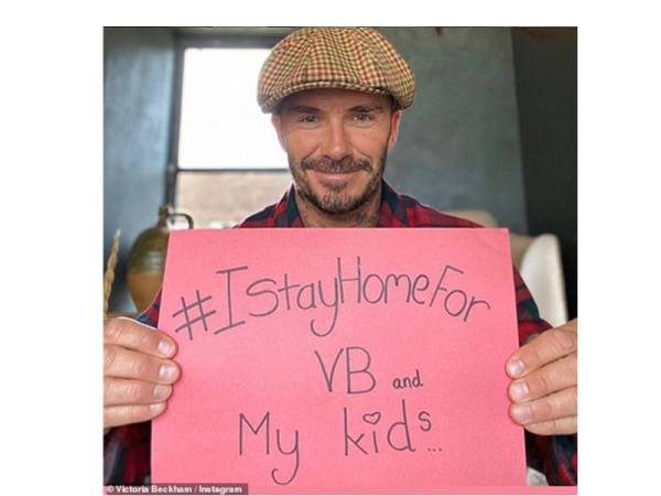 Beckham turut membuat kempen duduk di rumah untuk mengelakkan penularan Covid-19. Foto Instagram Victoria