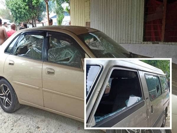 Kenderaan milik mangsa dirosakkan kumpulan lelaki terbabit.