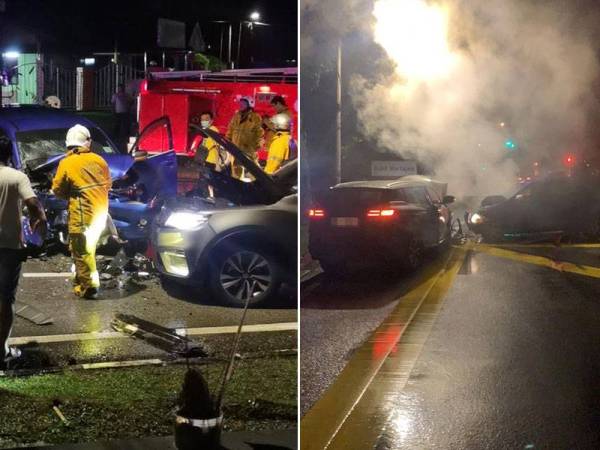 Anggota bomba memadamkan kebakaran yang berlaku pada Toyota Avanza selepas kenderaan terbabit merempuh Proton X70 di laluan bertentangan dalam kemalangan yang berlaku di Jalan Kulim, pagi tadi.