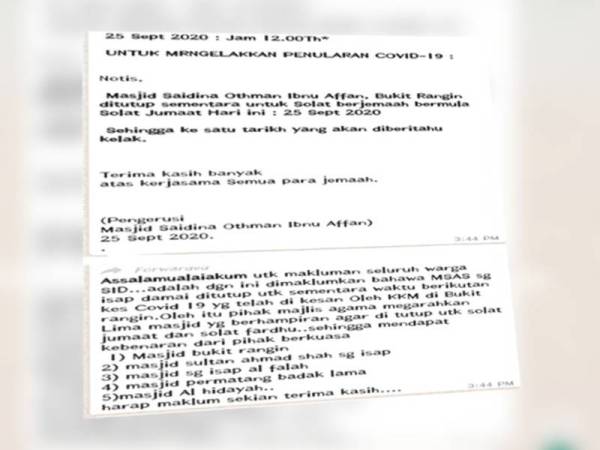 Penyebaran hebahan penutupan masjid melalui aplikasi WhatsApp semalam.
