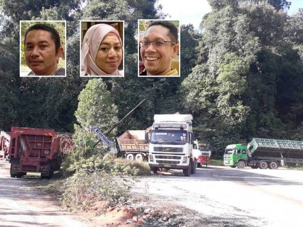 Keadaan lori yang lalu lalang berhampiran pintu masuk Air Terjun Sungai Pandan di Panching, Kuantan. Gambar kecil dari kiri: Sheik Ahmad Fakhruddin, Siti Roziah Abd Rahman, Mohd Fazly Buyong