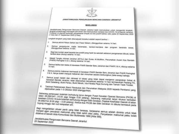 Jawatankuasa Pengurusan Bencana Daerah Jerantut memutuskan untuk mengambil langkah-langkah proaktif bagi mencegah penularan dan memutuskan rantaian kes jangkitan koronavirus ( Covid-19) di daerah itu.