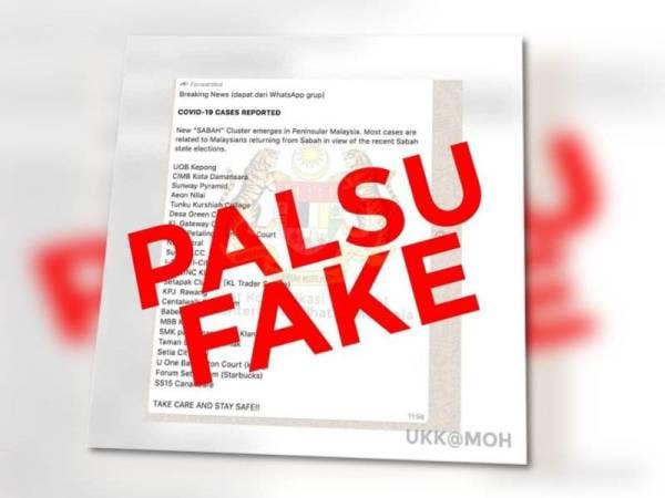 KKM menafikan berita tular penularan kluster Sabah merebak di semenanjung selepas berakhir PRN Sabah Sabtu lalu.