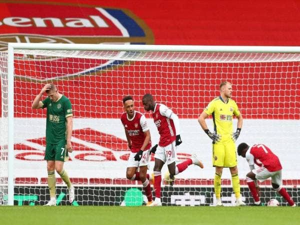 Pepe ketika meraikan jaringan gol kedua Arsenal semasa melayan kunjungan Sheffield United di Stadium Emirates.
