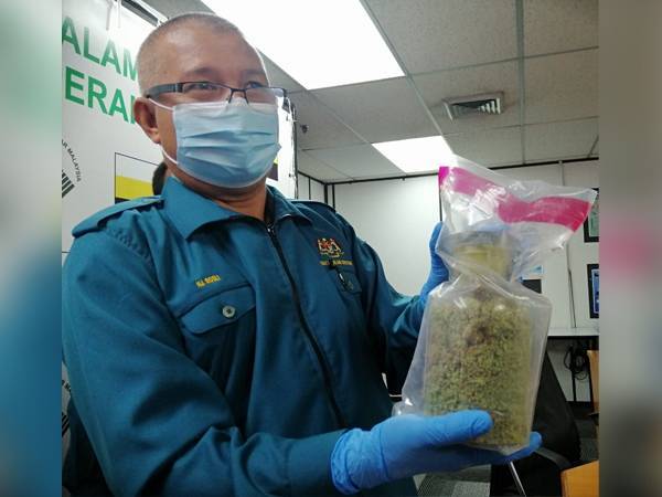 Rosli Zul menunjukkan sampel tanah berwarna hijau yang diambil dari tapak pembuangan.