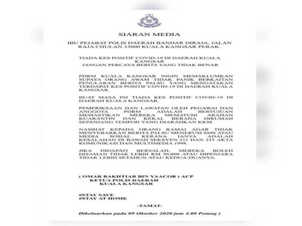 Kenyataan media yang dikongsi Polis Daerah Kuala Kangsar hari ini. 