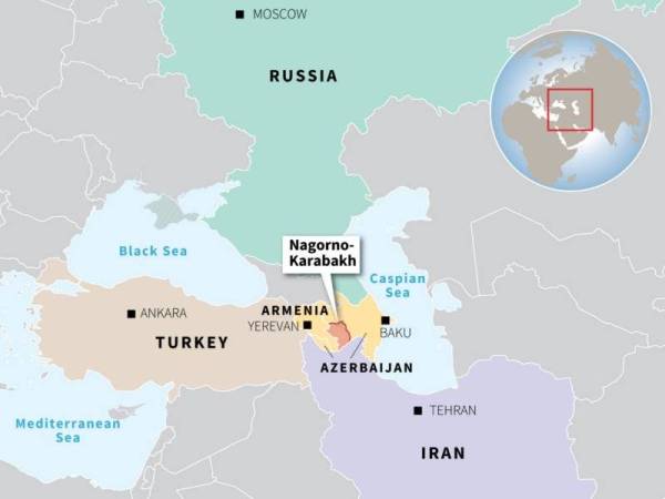 Pera menunjukkan lokasi Nagorno-Karabakh di sempadan antara Armenia dan Azerbaijan.