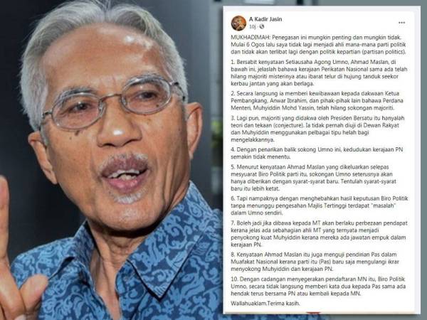Kenyataan A Kadir Jasin dalam Facebook beliau hari ini.