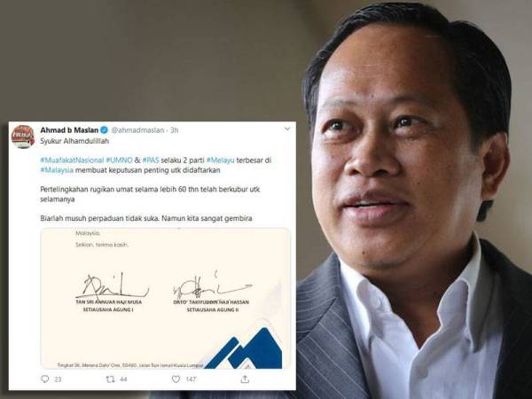 Ahmad Maslan meluahkan rasa syukur menerusi ciapan di Twitter hari ini.