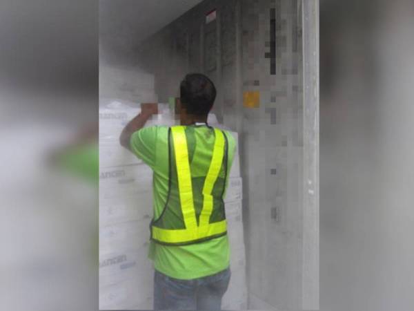 Pegawai Maqis membuat pemeriksaan pada kontena yang membawa kotak daging babi sejuk beku.