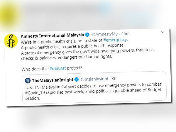 Tangkap layar ciapan Amnesty International Malaysia hari ini.