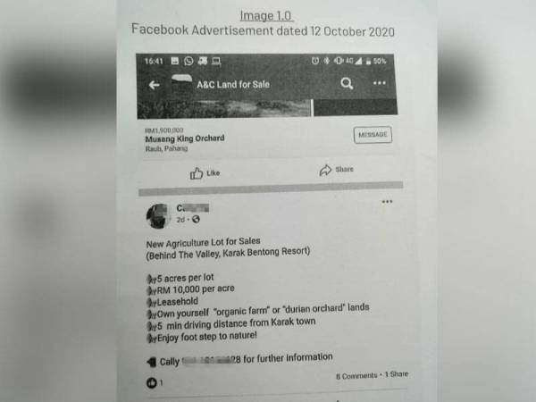 Iklan penjualan tanah di Facebook dikesan baru-baru ini.
