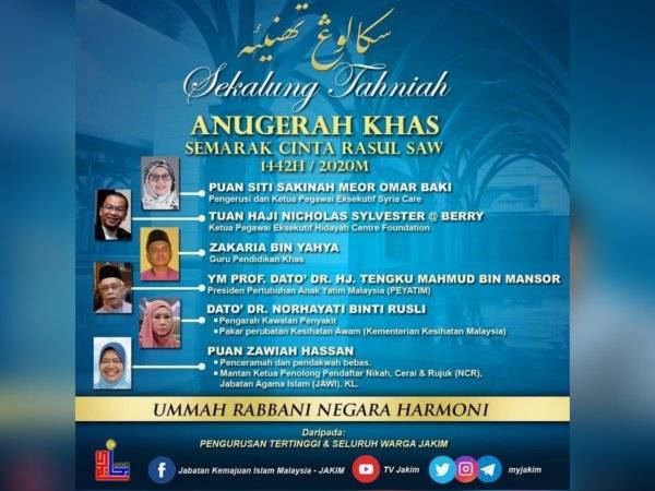 Enam tokoh dipilih sebagai penerima Anugerah Khas Semarak Cinta Rasul SAW 1442H/2020M.