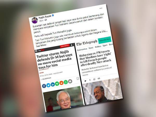 Kenyataan Najib menggesa semua pihak bertenang susulan ciapan kontroversi Dr Mahathir yang dimuat naik di Facebooknya hari ini.