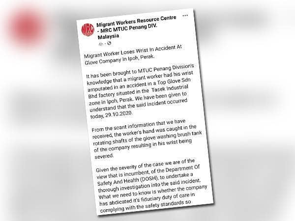 Tangkap layar Facebook MTUC Pulau Pinang semalam berhubung insiden berkenaan.