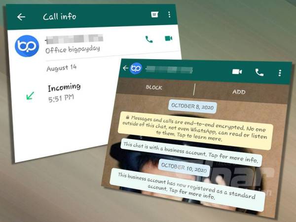 BigPay tidak mempunyai akaun perniagaan WhatsApp rasmi dan tidak berkomunikasi dengan penggunanya melalui mana-mana aplikasi sembang kecuali di laman rasmi BigPay dan media massa.