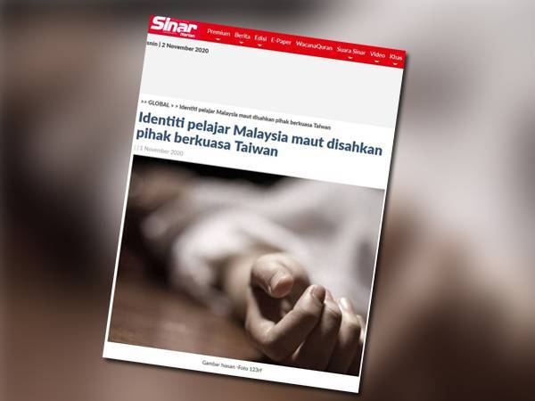 Pihak berkuasa Taiwan sebelum ini mengesahkan identiti pelajar Malaysia yang ditemui mati berhampiran Daerah Alian, Kaohsiung pada 29 Oktober sebagai pelajar tahun ketiga di Chang Jung Christian University di Tainan City.