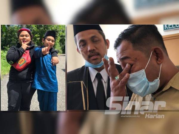 Mohd Amin Yasin (kanan) tidak dapat menahan air mata ketika ditemubual pemberita di pekarangan Kompleks Mahkamah Syariah Tunjong hari ini.