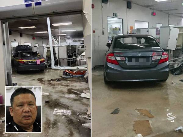 Suspek yang memandu kereta jenis Honda Civic bertindak merempuh kawasan kilang hingga menyebabkan kerugian RM1 juta. Gambar kecil: A Asmadi - Foto JBPM Perak dan ihsan pembaca
