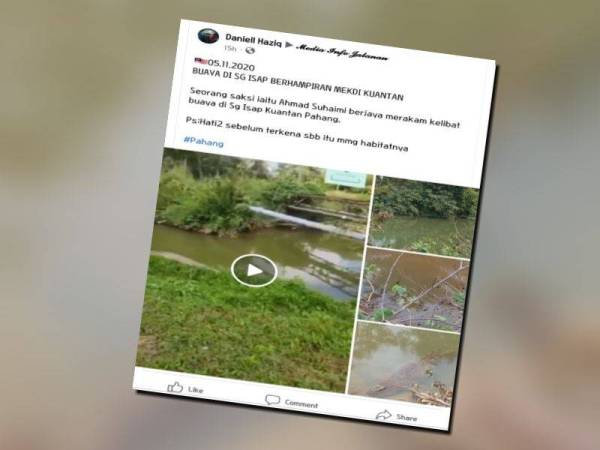 Tular dalam laman sosial Facebook kelibat seekor buaya di parit besar di Sungai Isap Jaya, kelmarin.