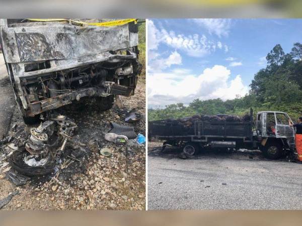 Motosikal mangsa dan lori hangus terbakar dalam kejadian itu. - Foto Ihsan polis