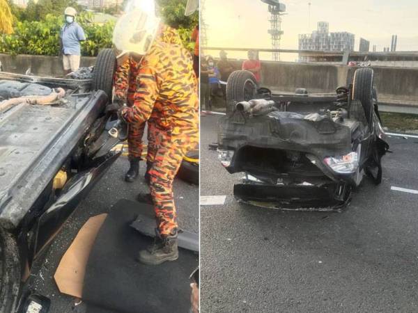 Keadaan kereta dinaiki dua mangsa yang terbabas dan melanggar tembok pembahagi jalan di Lebuhraya MRR2 menghala ke Bulatan Batu Caves di sini pagi tadi. - Foto Bomba