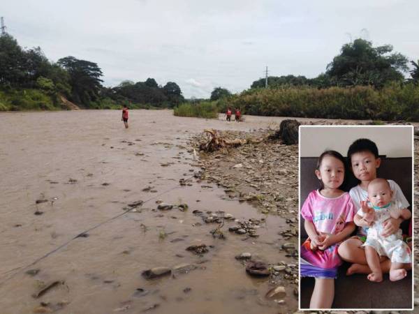  Usaha pencarian dua beradik dilakukan di Sungai Liawan sehingga Sungai Pegalan, Keningau. Gambar kecil: Jason Lim (kanan) bersama adiknya Amber Lim (kiri) masih belum ditemui selepas hilang dibawa arus deras di Sungai Liawan, Keningau.