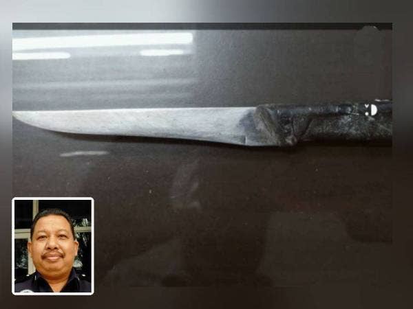 Pisau yang dipercayai digunakan suspek untuk mengugut ibu serta adik kandungnya. Gambar kecil: Azhar