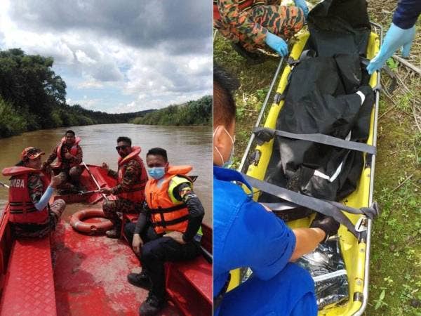 Pasukan penyelamat membawa mayat Amber yang ditemukan di Sungai Pegalan, berhampiran Kampung Jawa Sumbiling, Tenom hari ini.