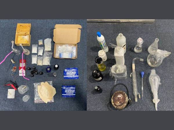 Antara peralatan dan dadah yang dirampas polis dalam serbuan di sebuah hotel di Kota Damansara, Selangor kelmarin.