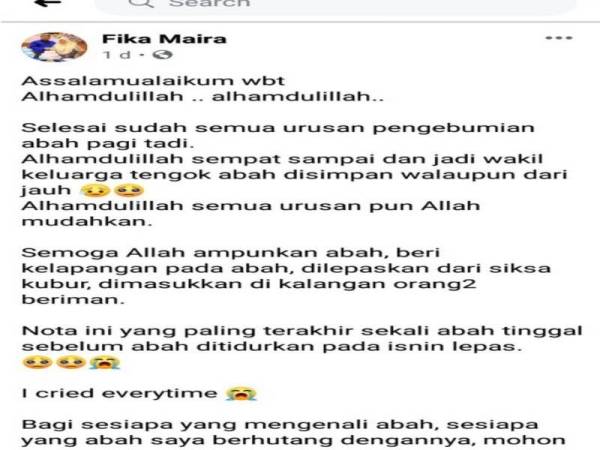 Hantaran Fika Maira yang mendapat reaksi lebih 1,000 orang dan turut dikongsi lebih 430 orang.